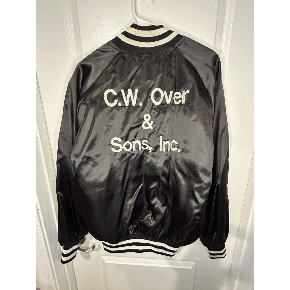 Vintage 80's Chain Stitched White Black Satin Bomber Jacket Size Men's Large